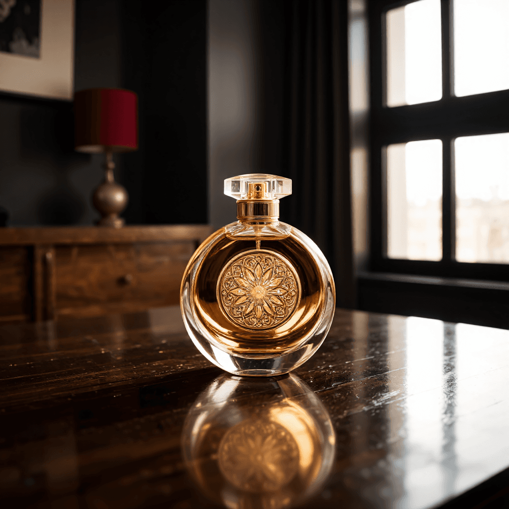 product photography of a bottle of perfume, used for personal fragrance, featuring a round shape with a decorative design