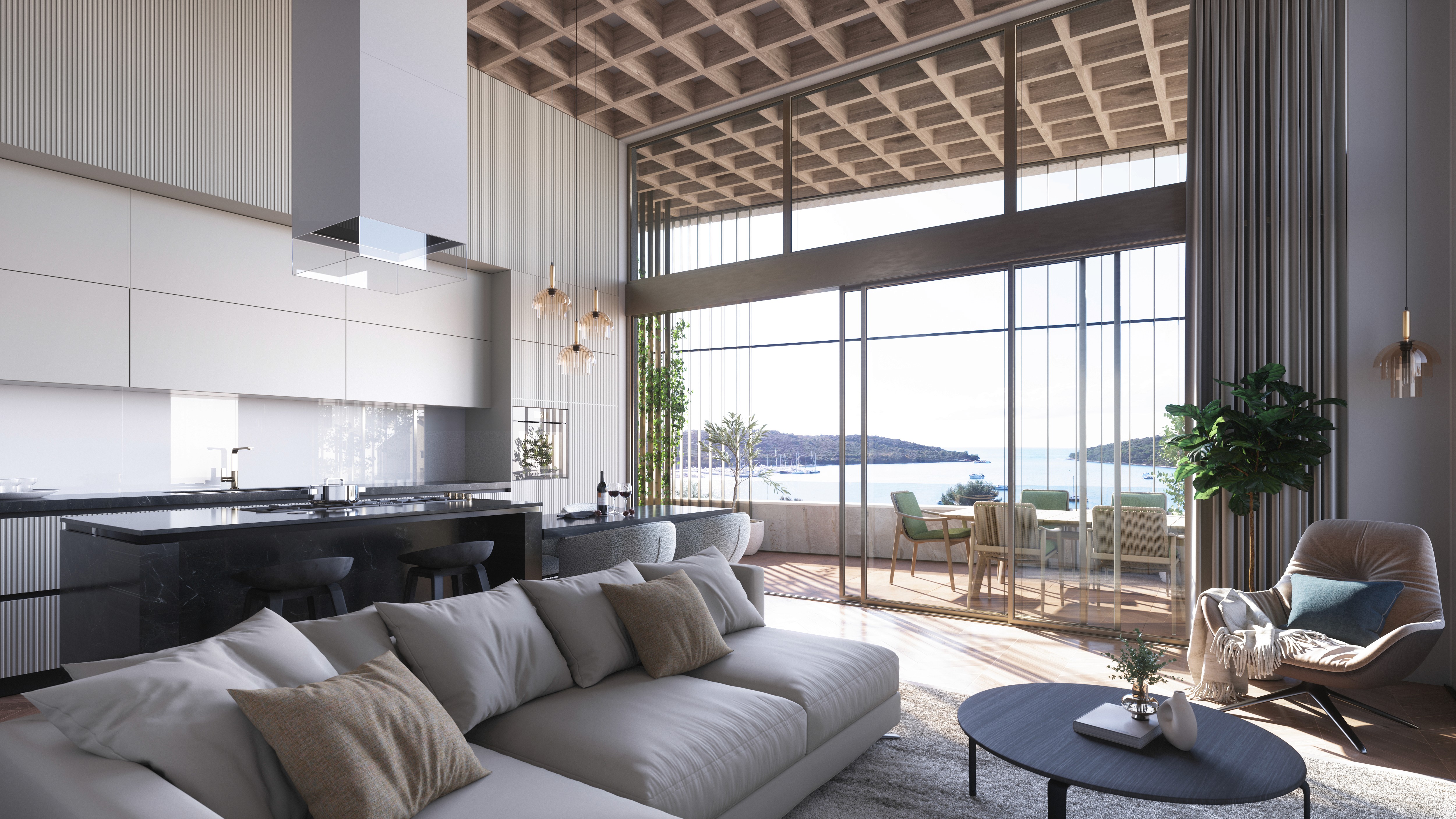 Idejno rješenje luksuznog dvoetažnog stana u Olive Garden kompleksu - prostrani interijer s pogledom na more i velikom terasom u Banjolama