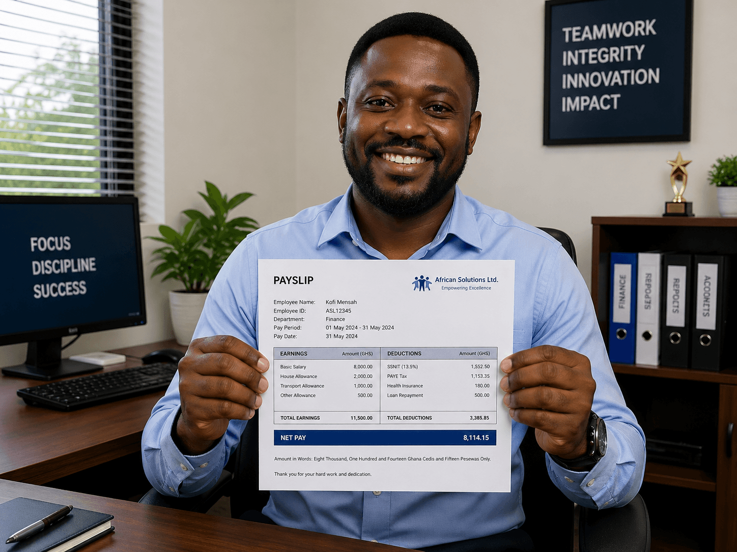 A man holding a pay stub