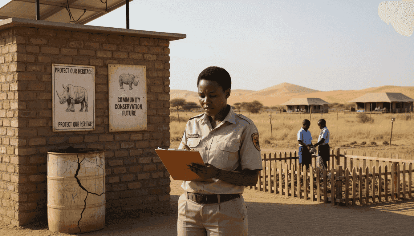 Namibian ranger and kids at conservation outpost