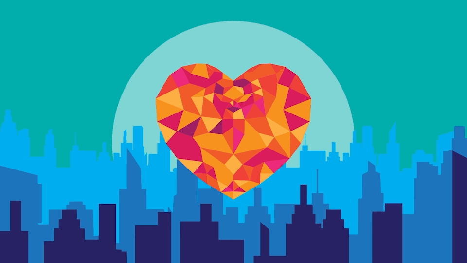 Animated geometric heart glowing above blue city skyline symbolizing community health and unity