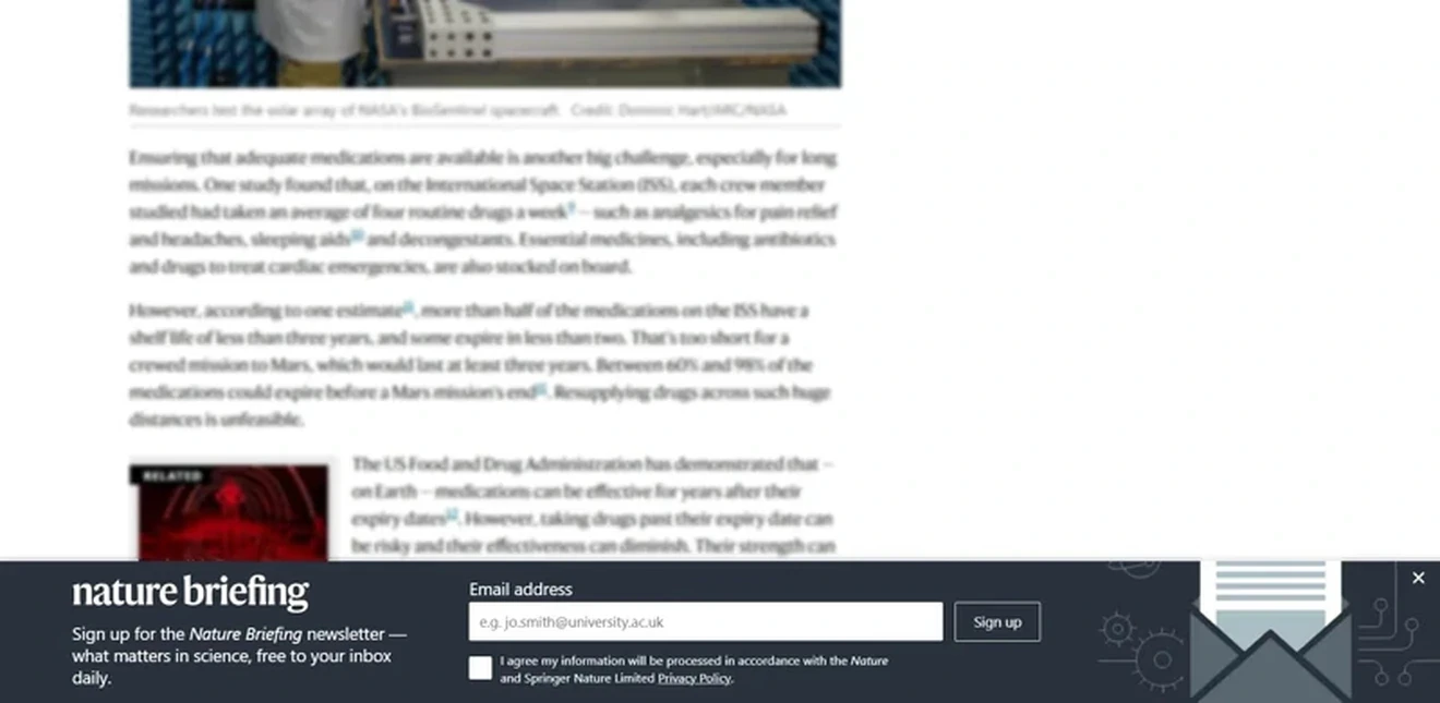 Nature Briefing floating email opt-in bar inviting article readers to receive daily science news