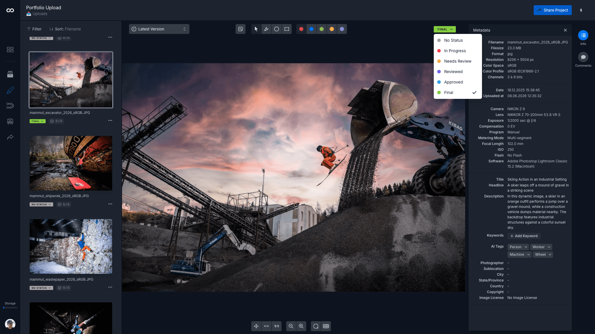Screenshot of moodcase Studio showing a Mammut action sports image by Rainer Eder with workflow status set to Final. Approval status, image metadata, AI tags, and technical details are attached directly to the asset, creating a clear and traceable approval record.