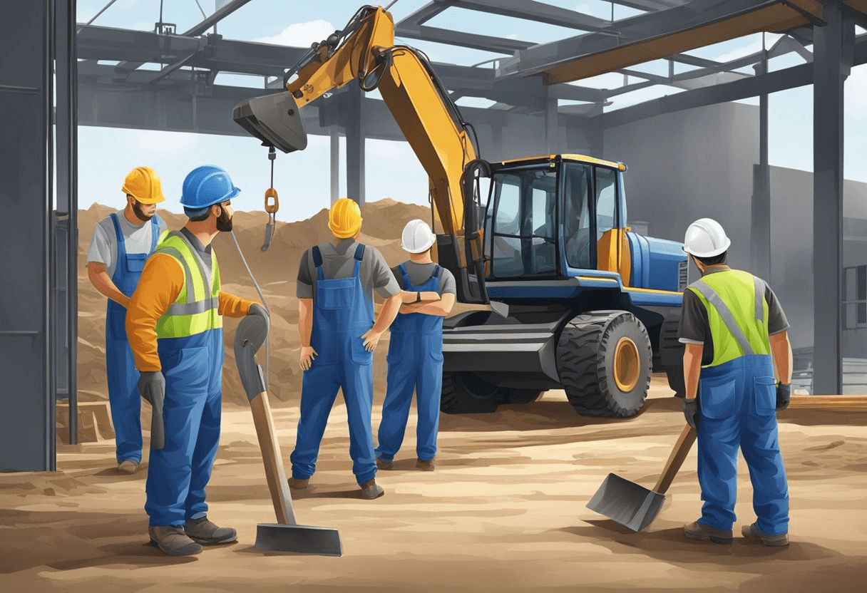 A group of blue-collar workers in coveralls and hard hats, operating heavy machinery and tools at a construction site