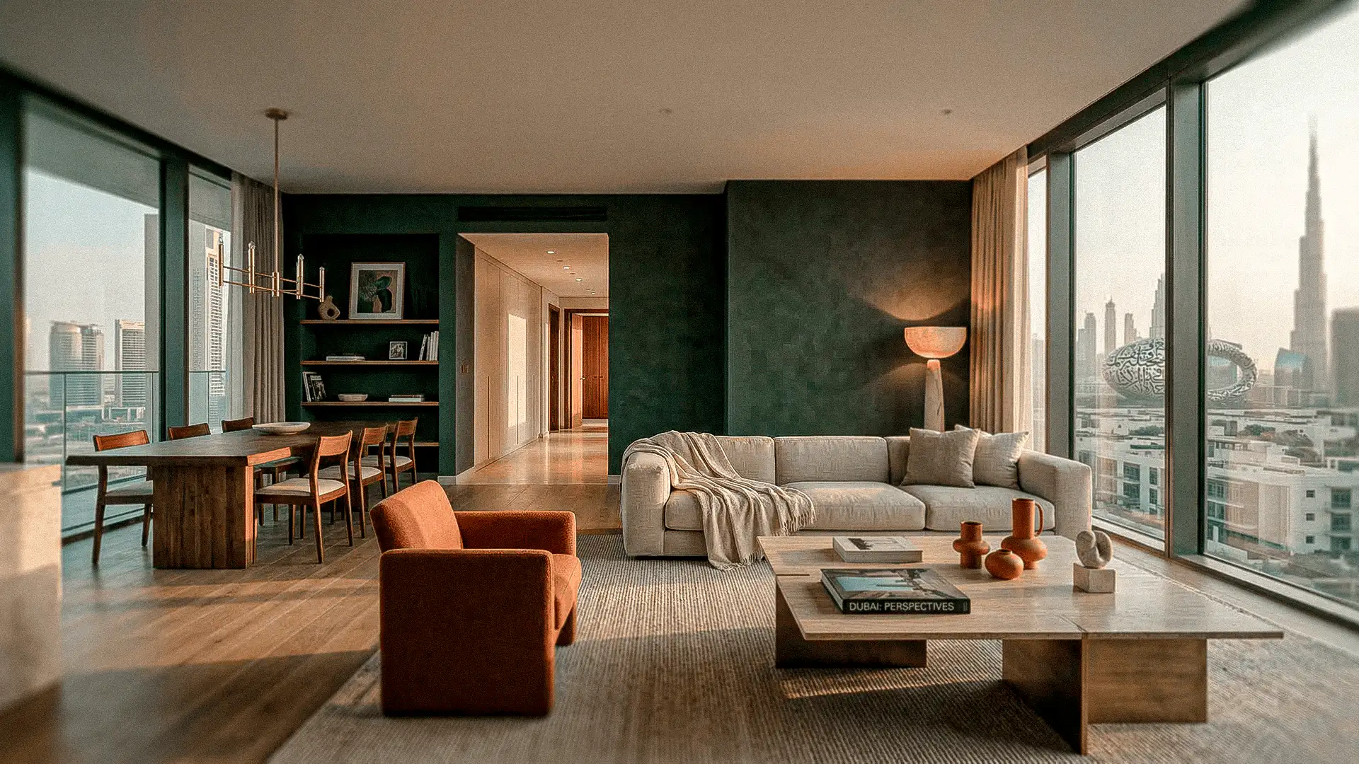 Apartamento moderno con diseño interior premium y vistas panorámicas al skyline de Dubai.