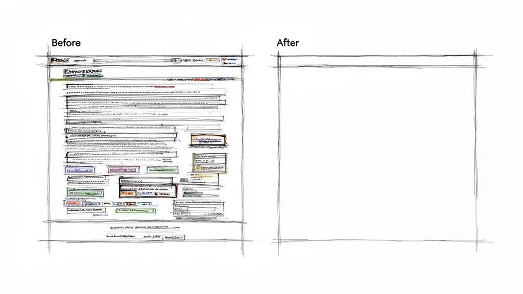 Before and after wireframe sketches illustrating the concept of white space in design.