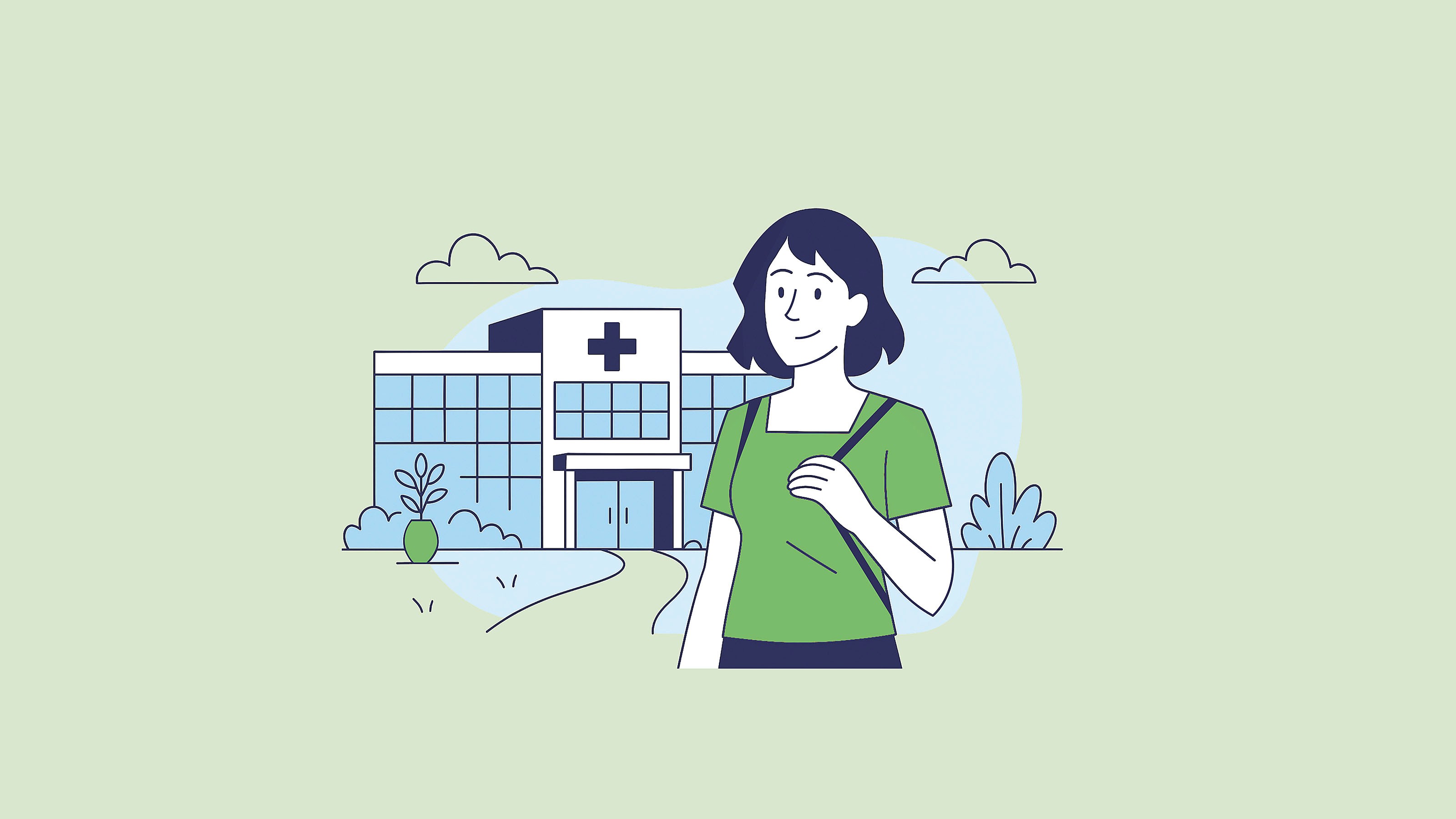 Eine freundliche Illustration mit grüner Farbpalette. Zu sehen ist eine Frau vor einem Krankenhaus.