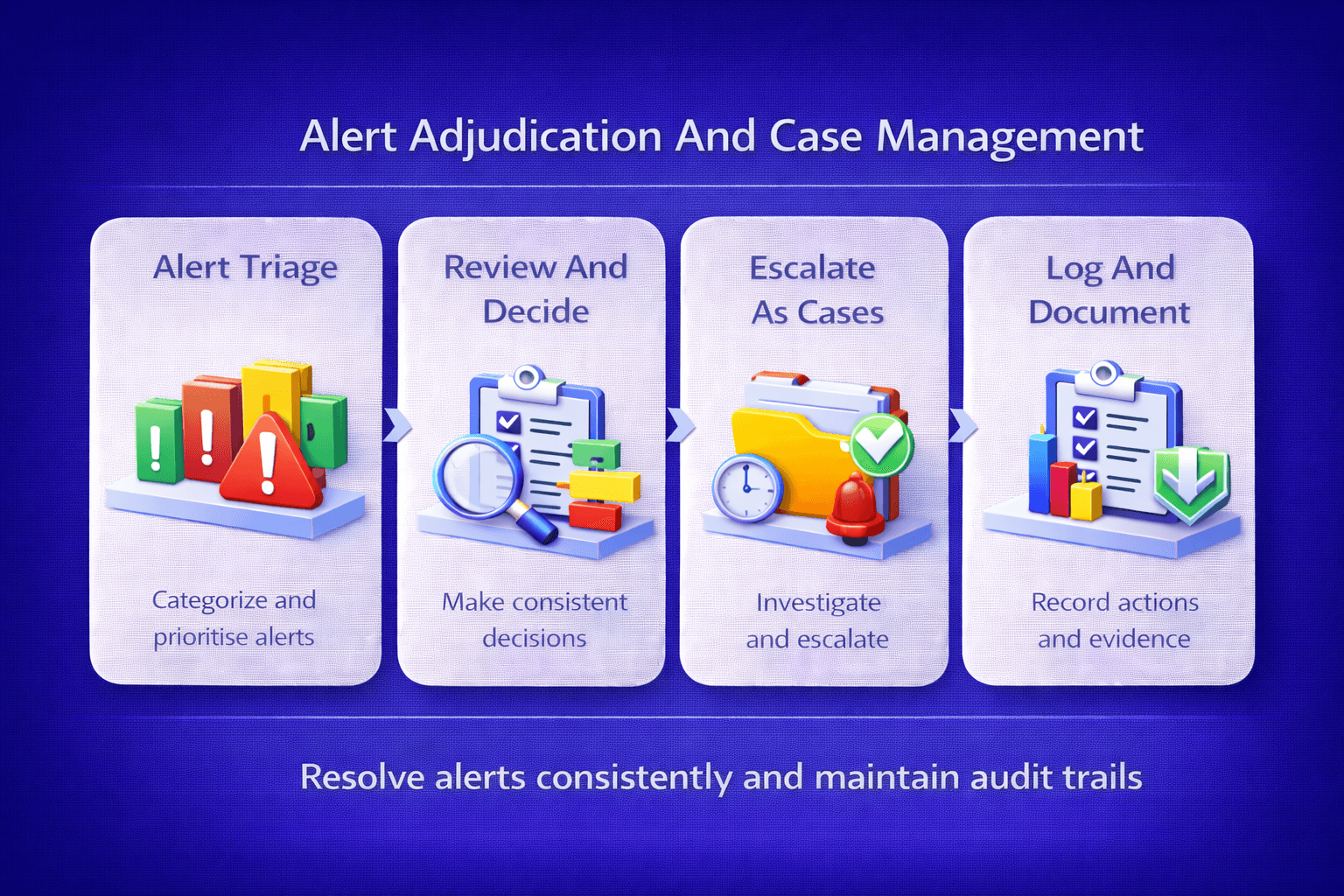 Alert adjudication and case management workflow showing alert triage, review and decision, case escalation, and audit documentation within a compliance process.