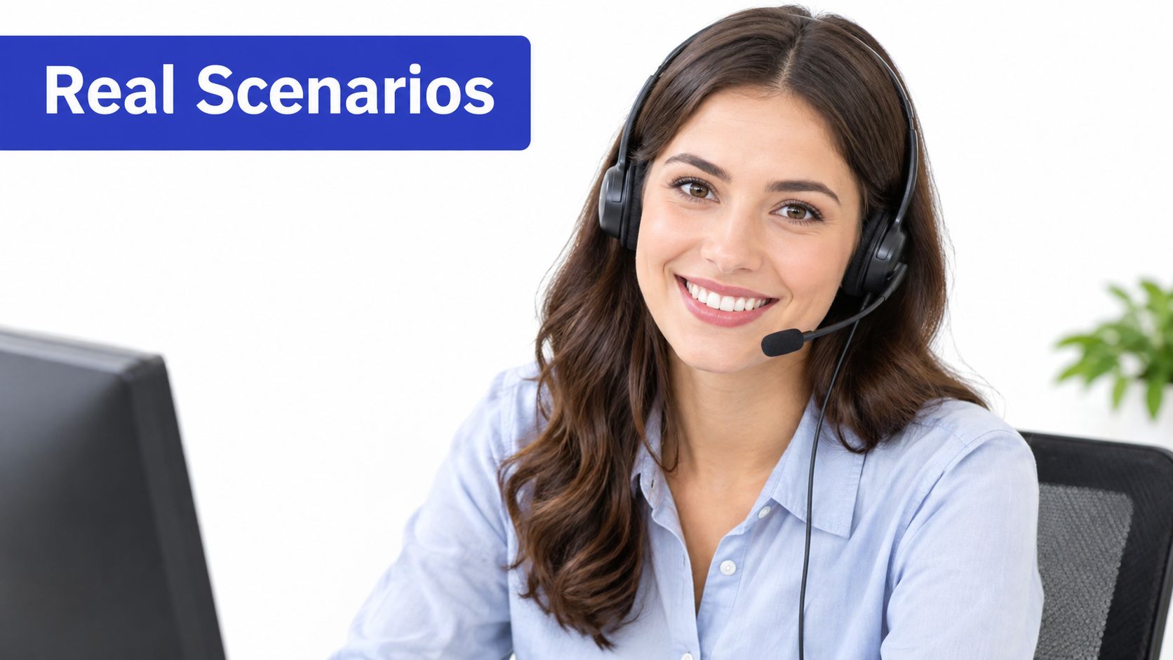 A friendly customer service representative wearing a headset and smiling while looking at a computer monitor.
