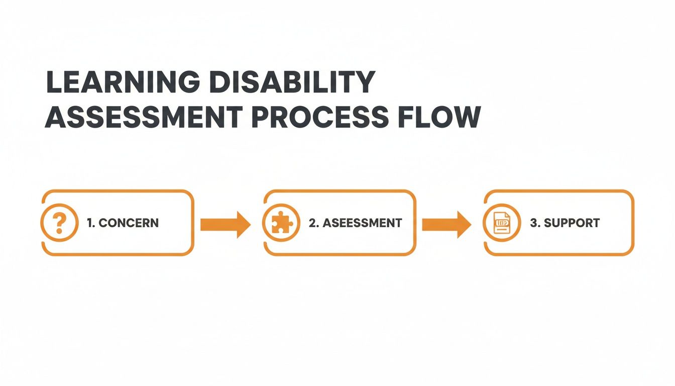 A three-step process flow for learning disability assessment, showing concern, assessment, and support stages.