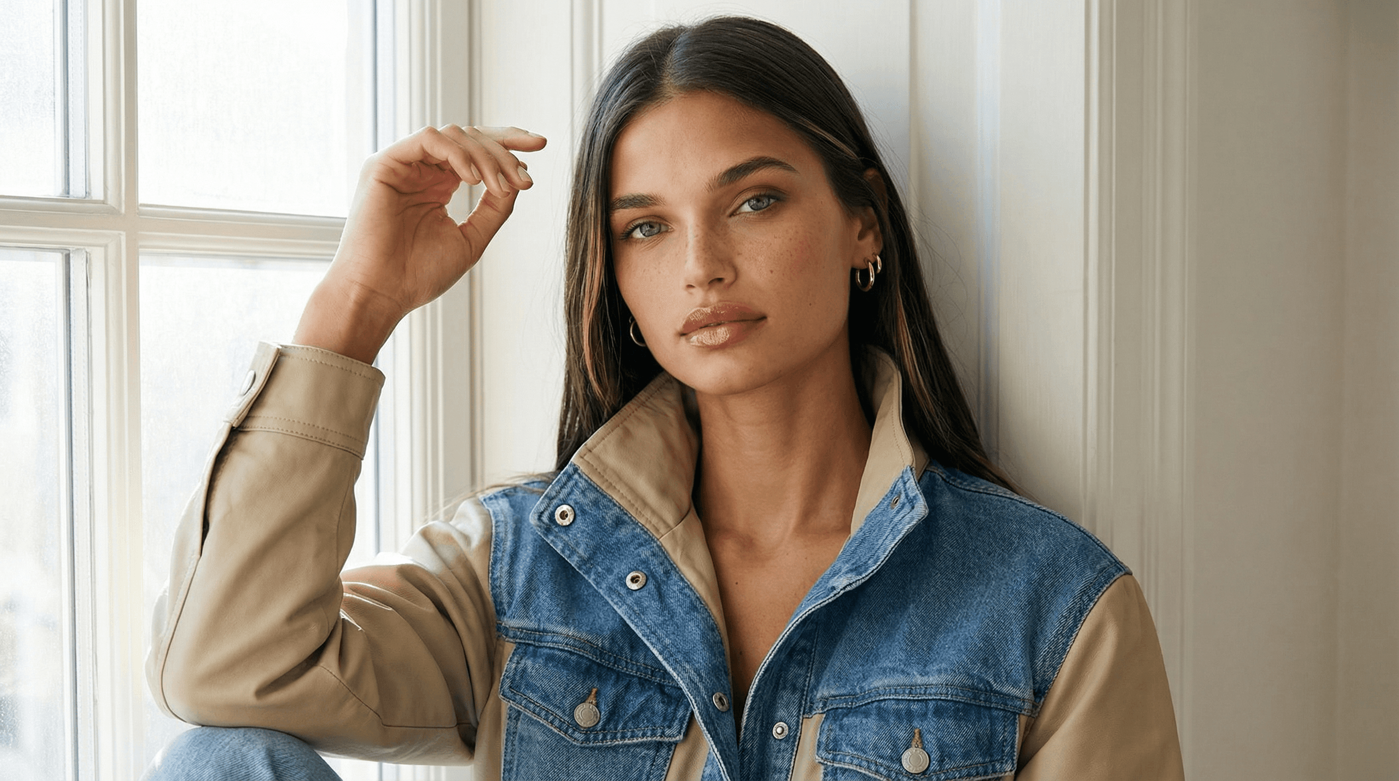 KI-Model mit gelben Rundgläsern und weißer Kapuze posiert im warmen Licht, Nahaufnahme mit Fokus auf Augen, Lippen und weichen Schatten