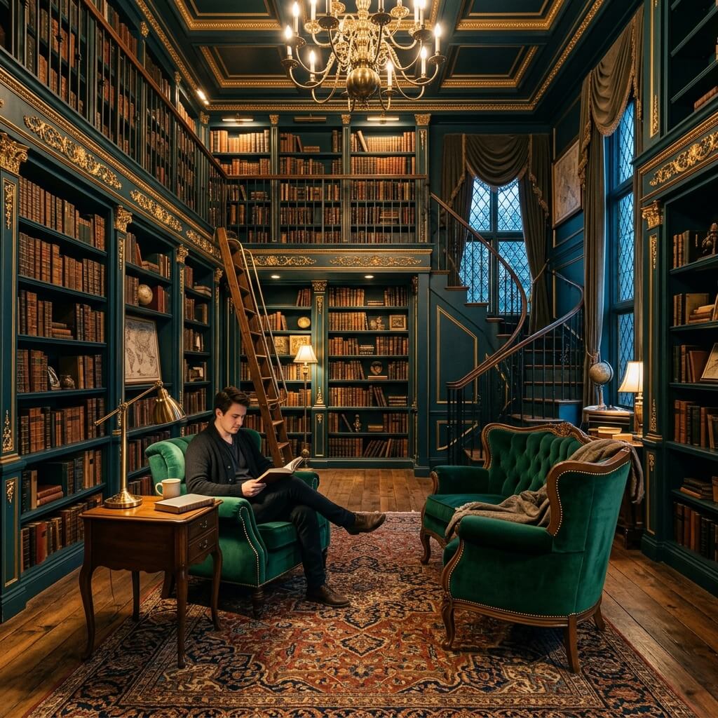 A dark teal library with gold-leaf molding, velvet emerald armchairs, floor-to-ceiling bookshelves, ornate Persian rug, moody dark academia vibes.