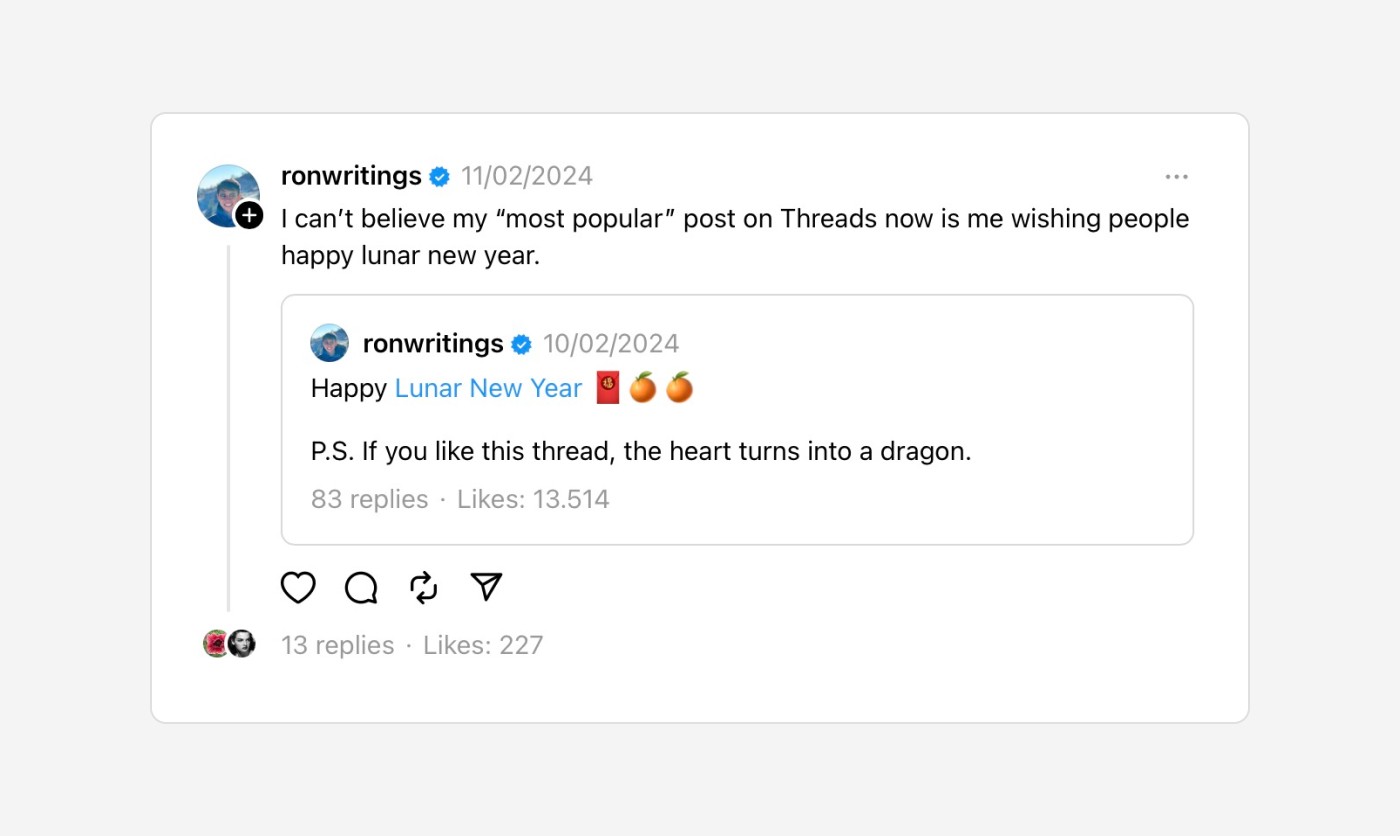 Screenshot of the best-performing Threads post with the Lunar New Year tag.