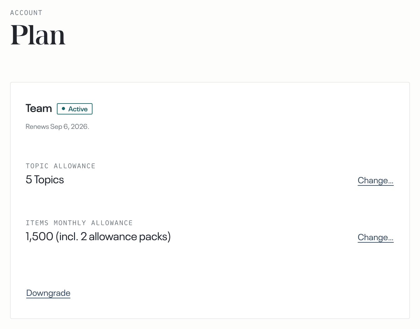 Plan, demo account on Team · the Topic allowance and Items monthly allowance rows, each with Change… beside it