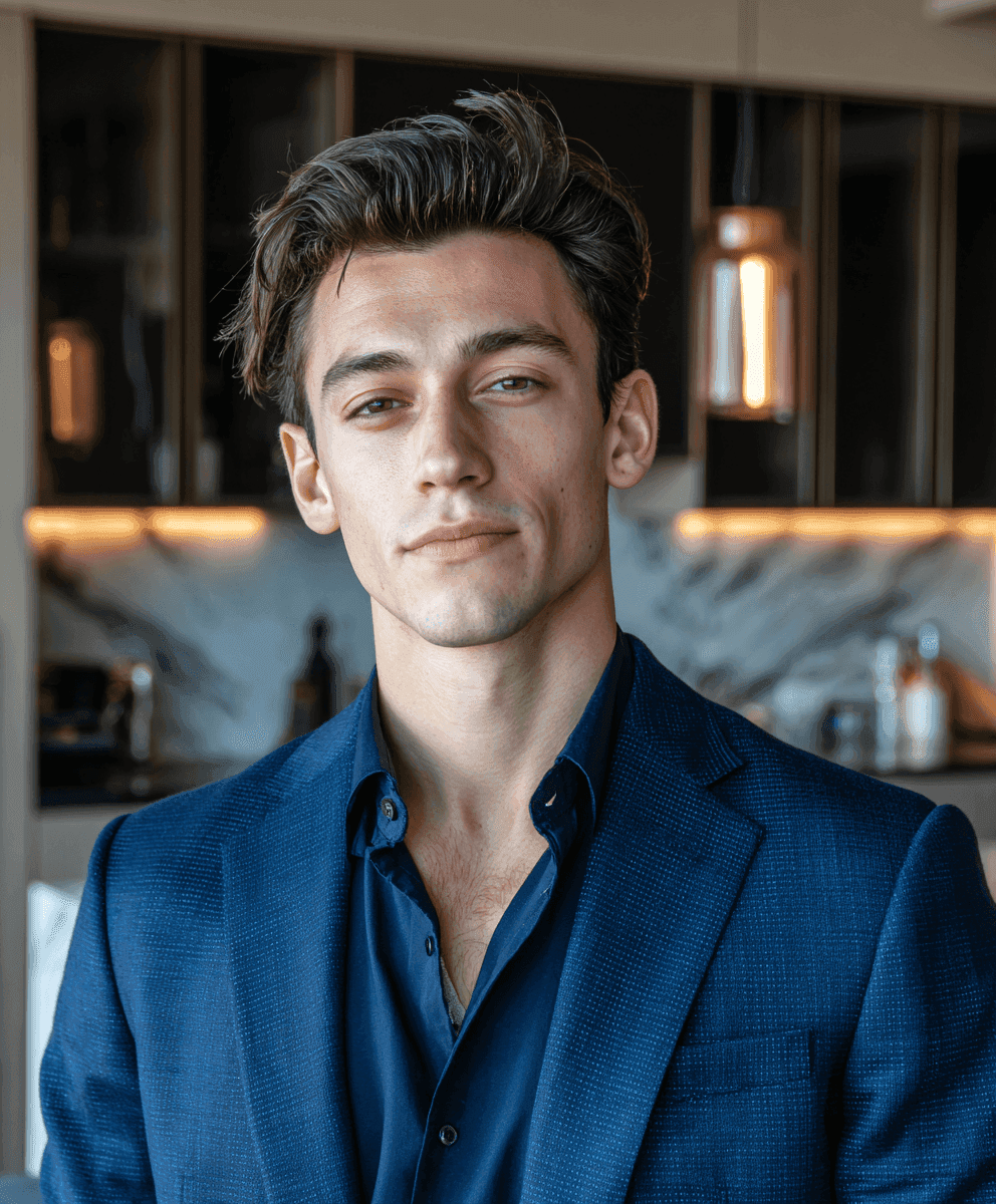 Young man in a blue suit stands confidently in a stylish kitchen, backlit by warm pendant lights. His expression is calm and poised.