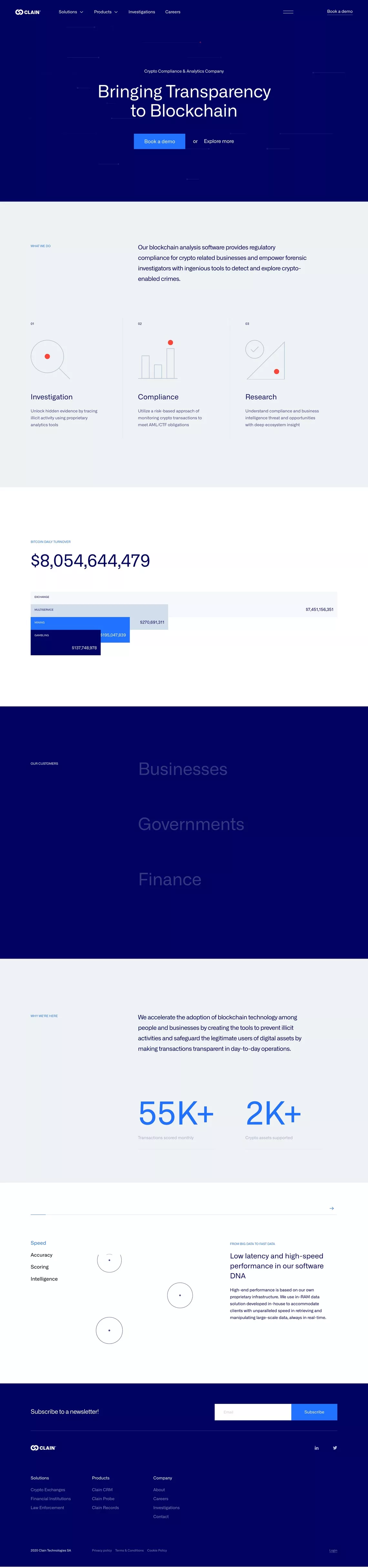 Clain - Crypto Compliance & Analytics Co landing page screenshot showcasing Tech and Finance design