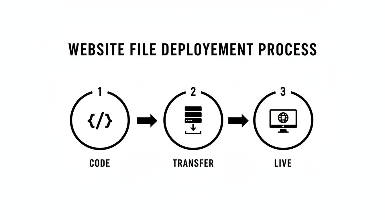 Diagram illustrating the three-step website file deployment process: code, transfer, and live.