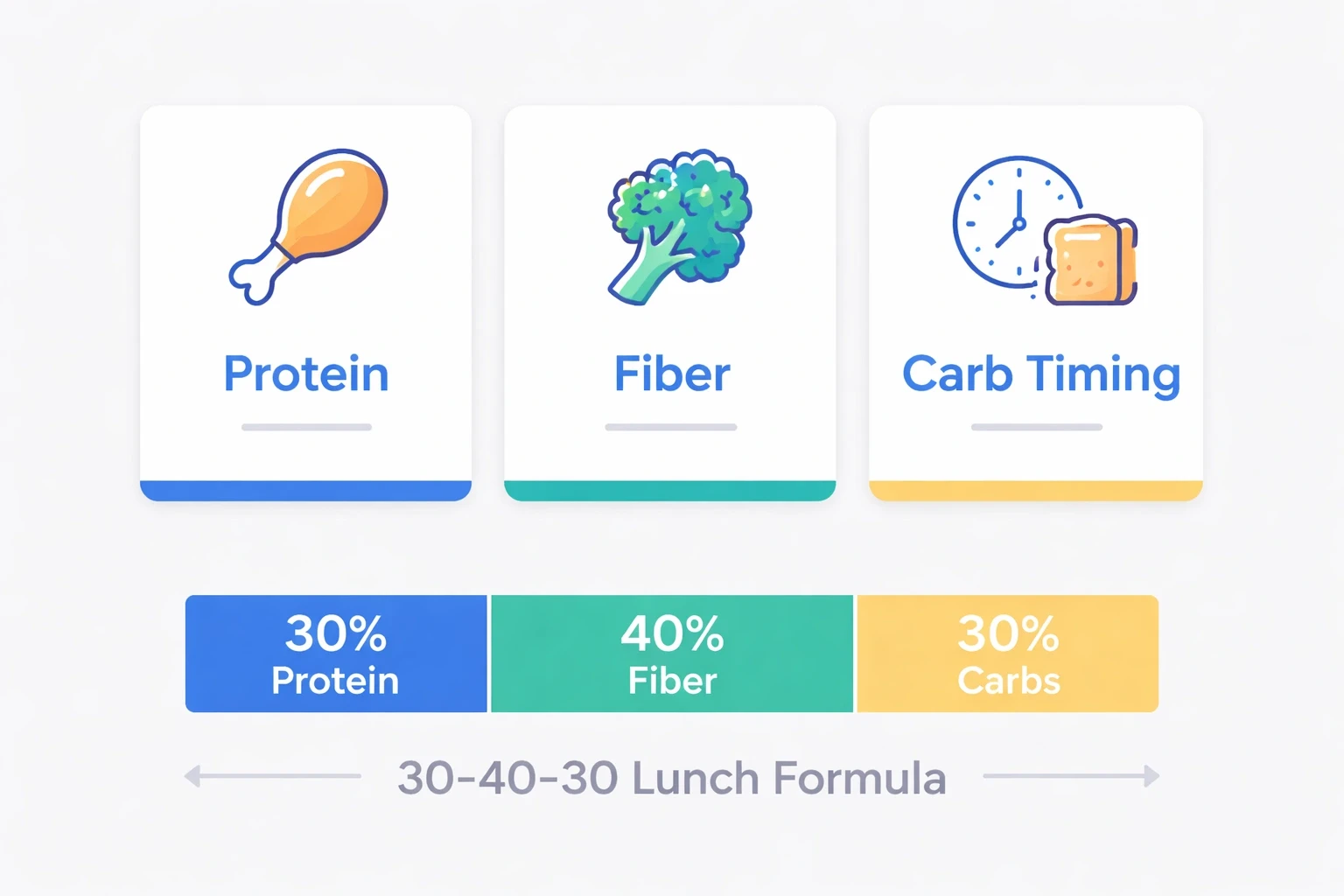 Modern infographic with three cards showing protein, fiber, and carb timing, plus a 30-40-30 lunch formula bar, on a light gray background with blue accent highlights.