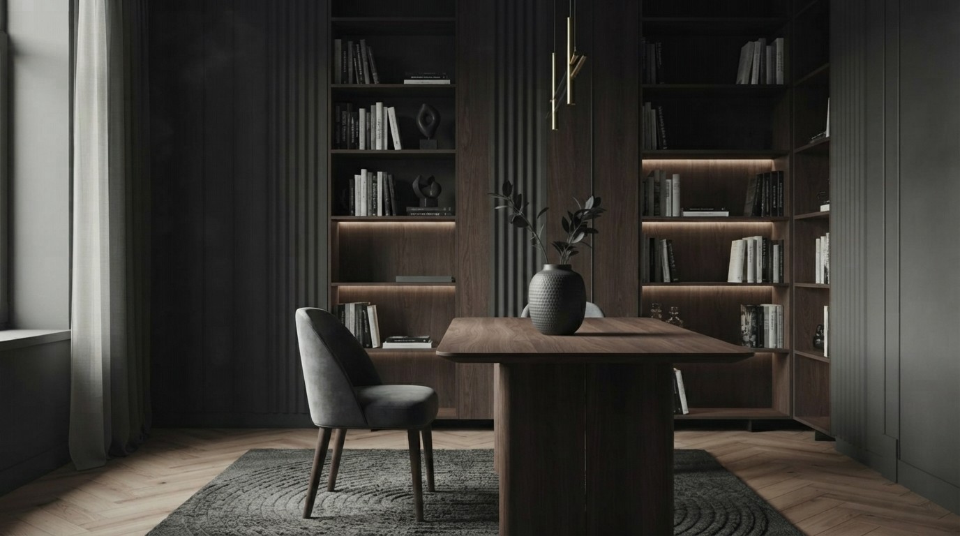 Luxurious dark living room with a black velvet sectional, gold accents, and a large black-and-white portrait canvas.