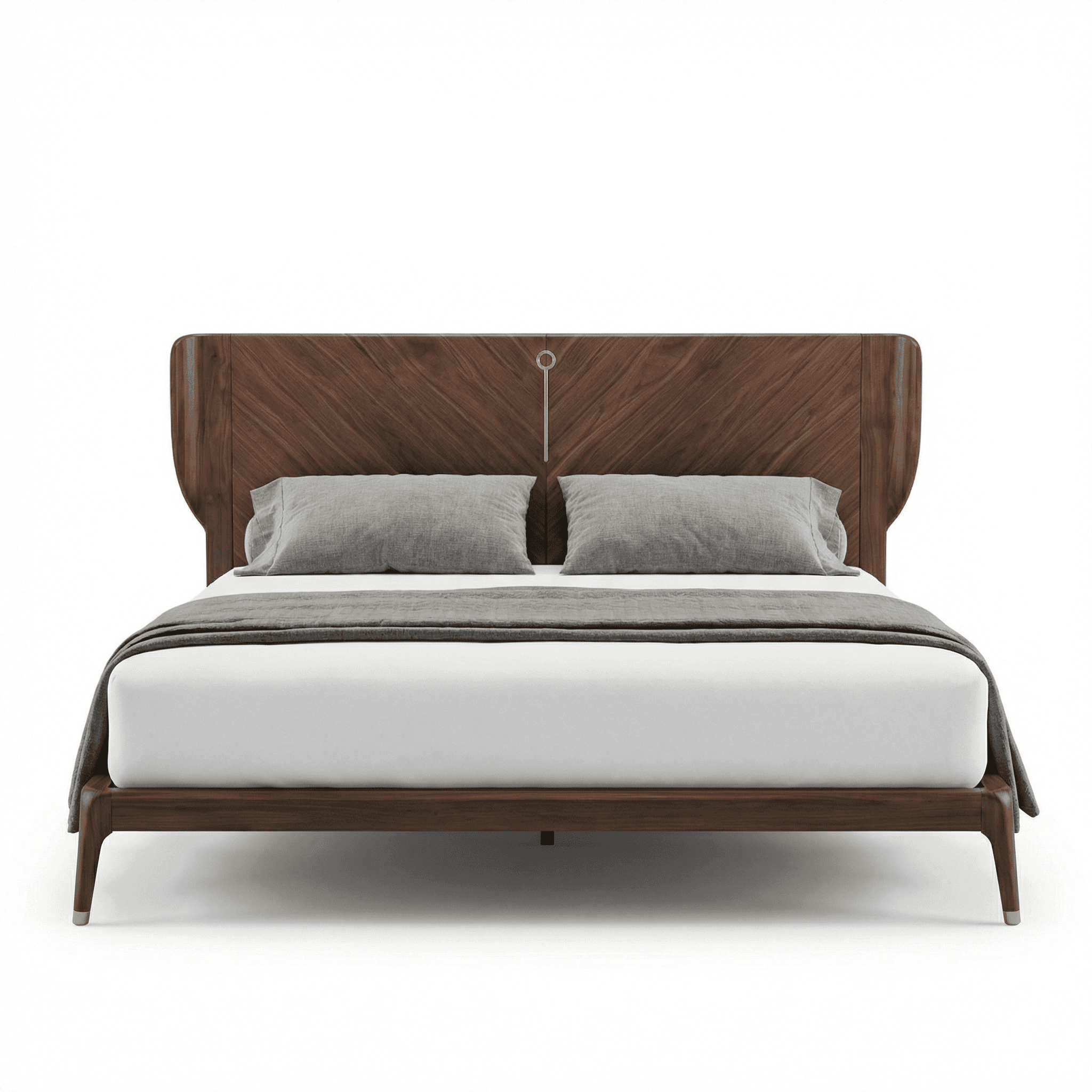 Statement bed with sculpted wooden headboard, integrated side panels, and bold form