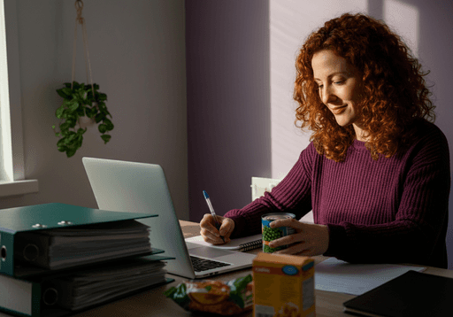 Woman reviewing product labels and taking notes for regulatory affairs