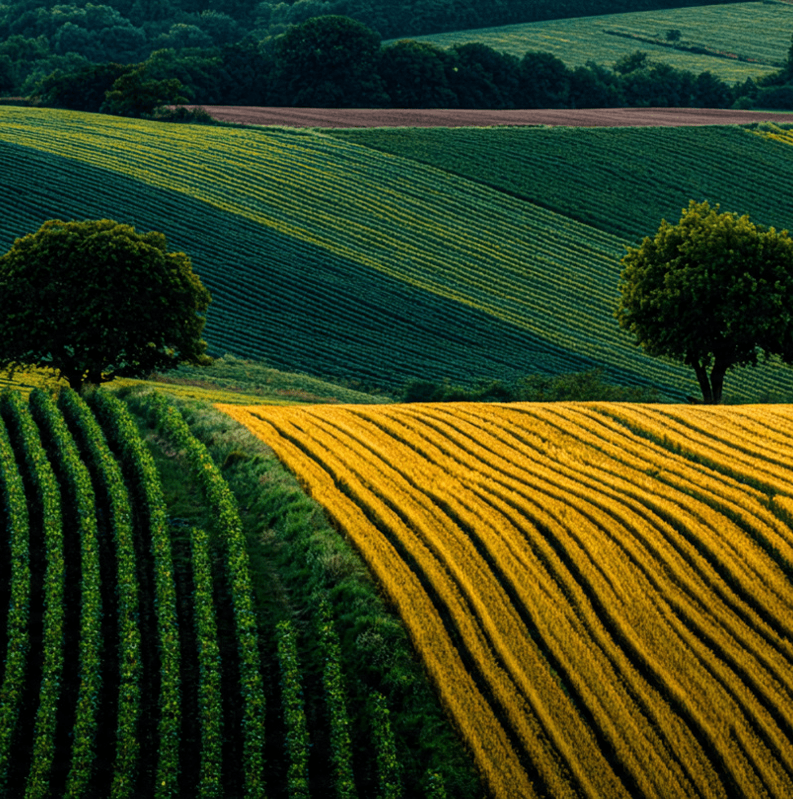 Lush green tea plantations on rolling hills with large trees