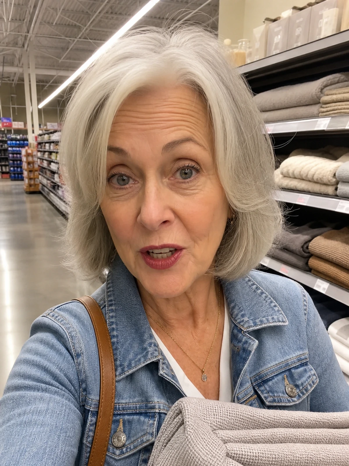 UGC-style photo: older creator in casual clothes, in a grocery aisle, holding folded apparel while talking to camera, close vertical talking-head shot.