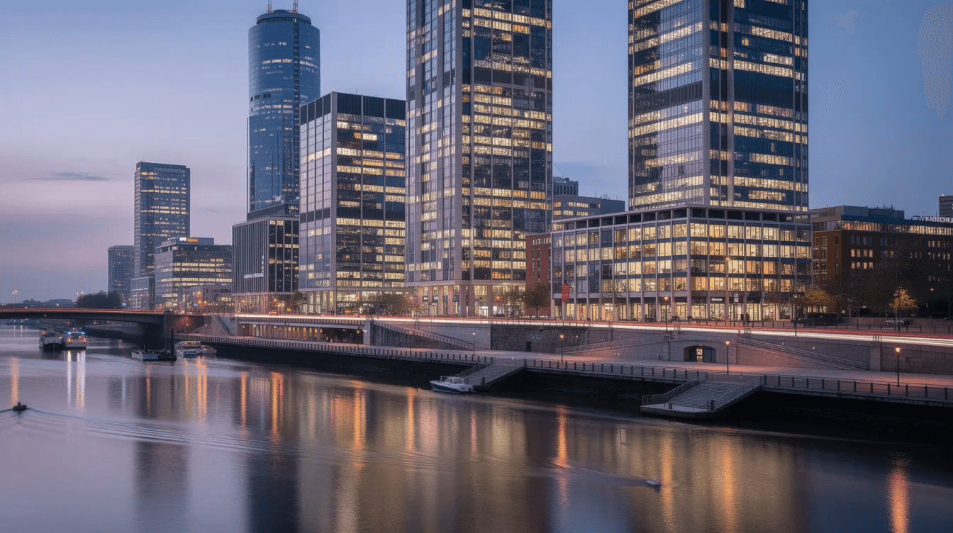 The image depicts a modern city financial district at dusk, showcasing illuminated office towers that reflect the vibrancy of the private equity market. In the foreground, a serene river adds to the scene, symbolizing the flow of capital and investment opportunities in the private equity industry.