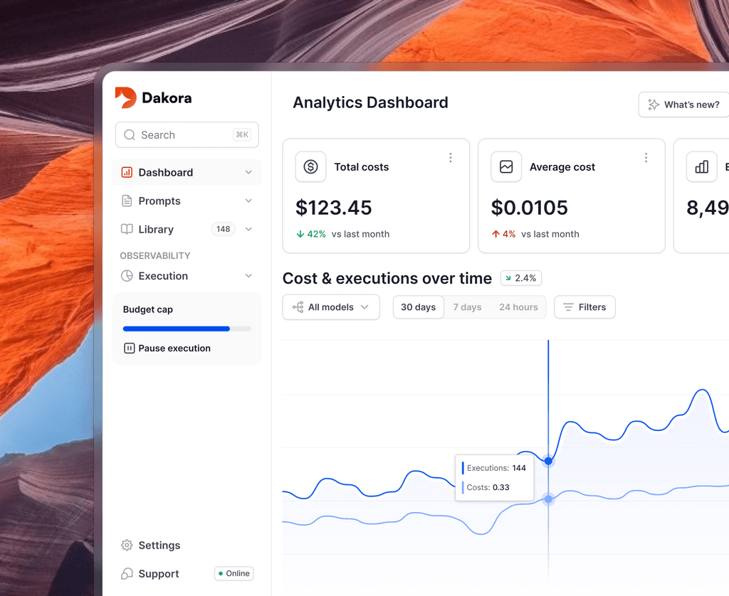 Dakora dashboard showing LLM cost analytics and token usage by project and user.