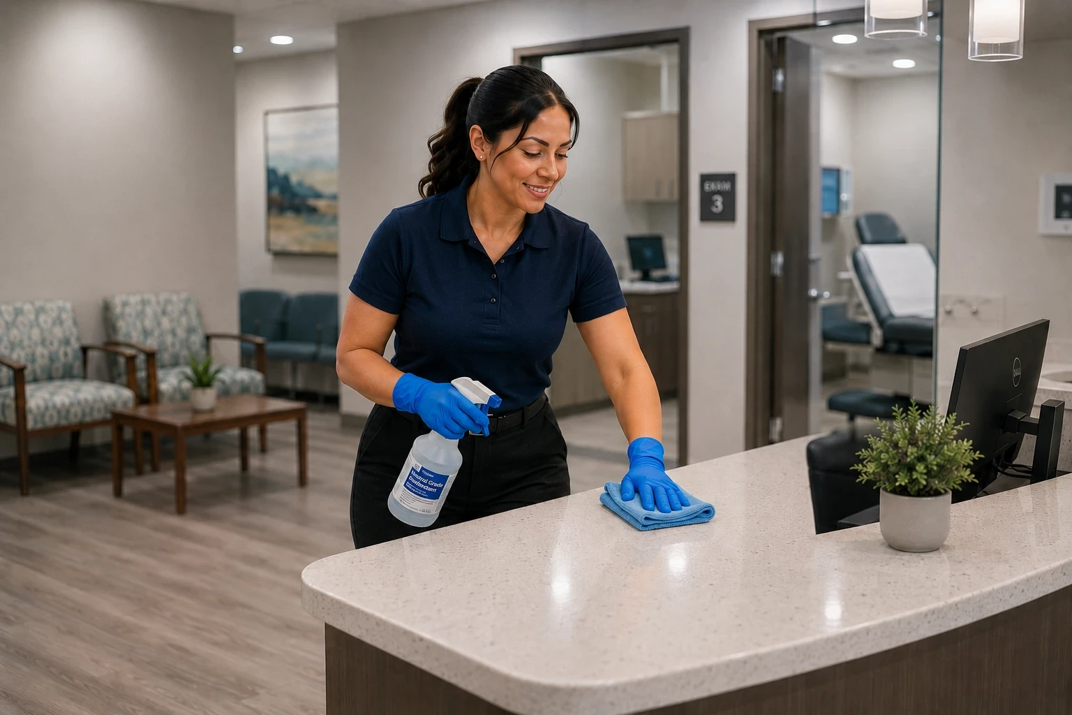 A smiling healthcare cleaning professional with Brenda's Cleaning service sanitizing a polished quartz reception desk with a blue microfiber cloth. She is holding a spray bottle labeled "Hospital Grade Disinfectant" in one hand while wiping down the front counter workstation. Dressed in a navy blue uniform polo shirt, black trousers, and blue protective gloves, she highlights professional medical facility cleaning, clinic reception area disinfection, and healthcare property janitorial services inside a modern doctor's office or clinic lobby featuring a waiting area with chairs and an open door to an examination room labeled "Exam 3" in the background.