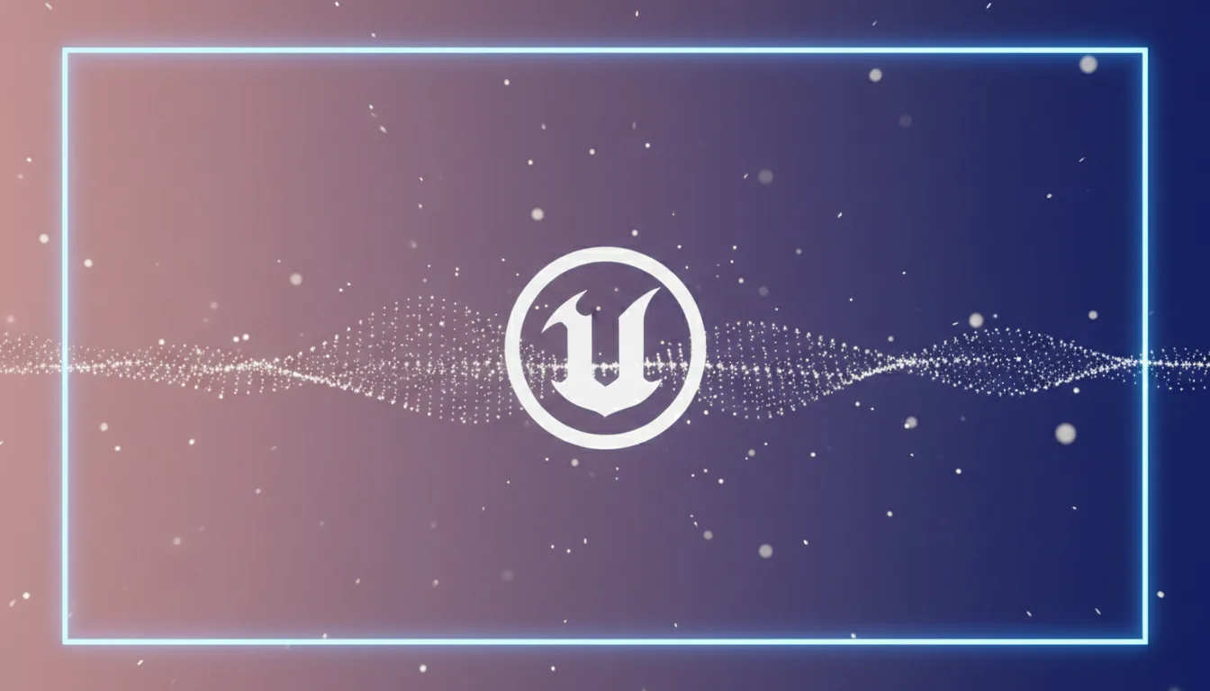 A 3D render of the iconic white Unreal Engine 'U' logo inside a circle, centered against an abstract background. The background is a smooth, grainy gradient transitioning from dusty rose-pink to deep indigo blue. A subtle, flowing horizontal wave composed of fine white particle dots crosses the scene behind the logo. Faint glowing specks and soft bokeh are scattered in the foreground and background. The entire composition is framed by a thin, glowing blue inner border with rounded corners. Soft global illumination.