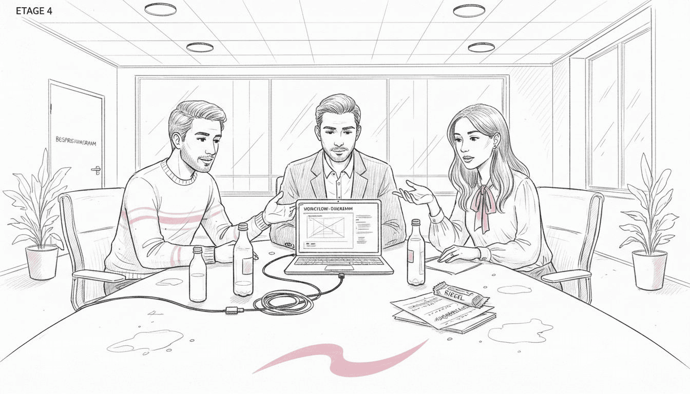 Das Team bespricht gemeinsam am Tisch, wie der digitale Arbeitsablauf optimal gestaltet werden kann.