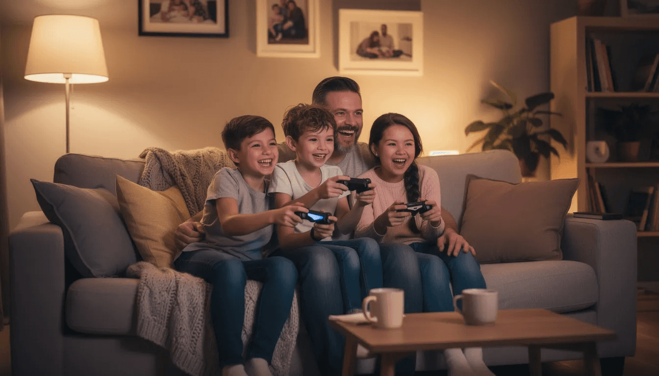 A happy family is sitting together on a cozy couch, playing video games on a television in their living room, creating a fun atmosphere filled with laughter and excitement. The scene captures the joy of gaming and family bonding, showcasing how they enjoy their time together while exploring new games.