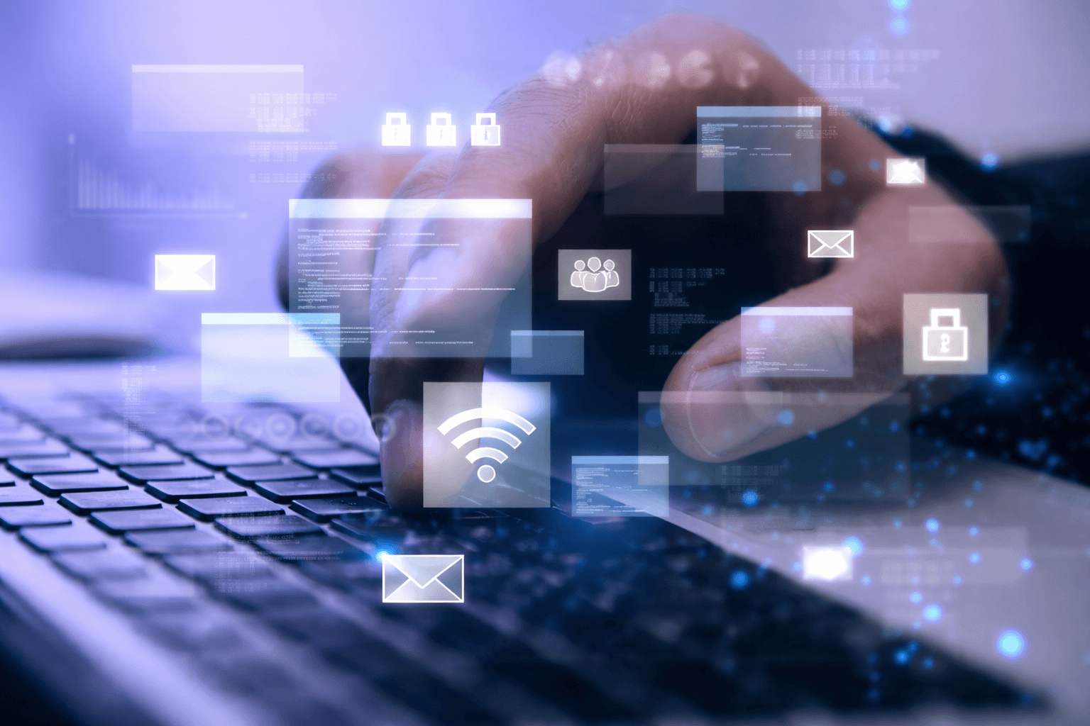 A hand typing on a laptop with floating digital icons for Wi-Fi, email, and security locks, representing data connectivity and protection.