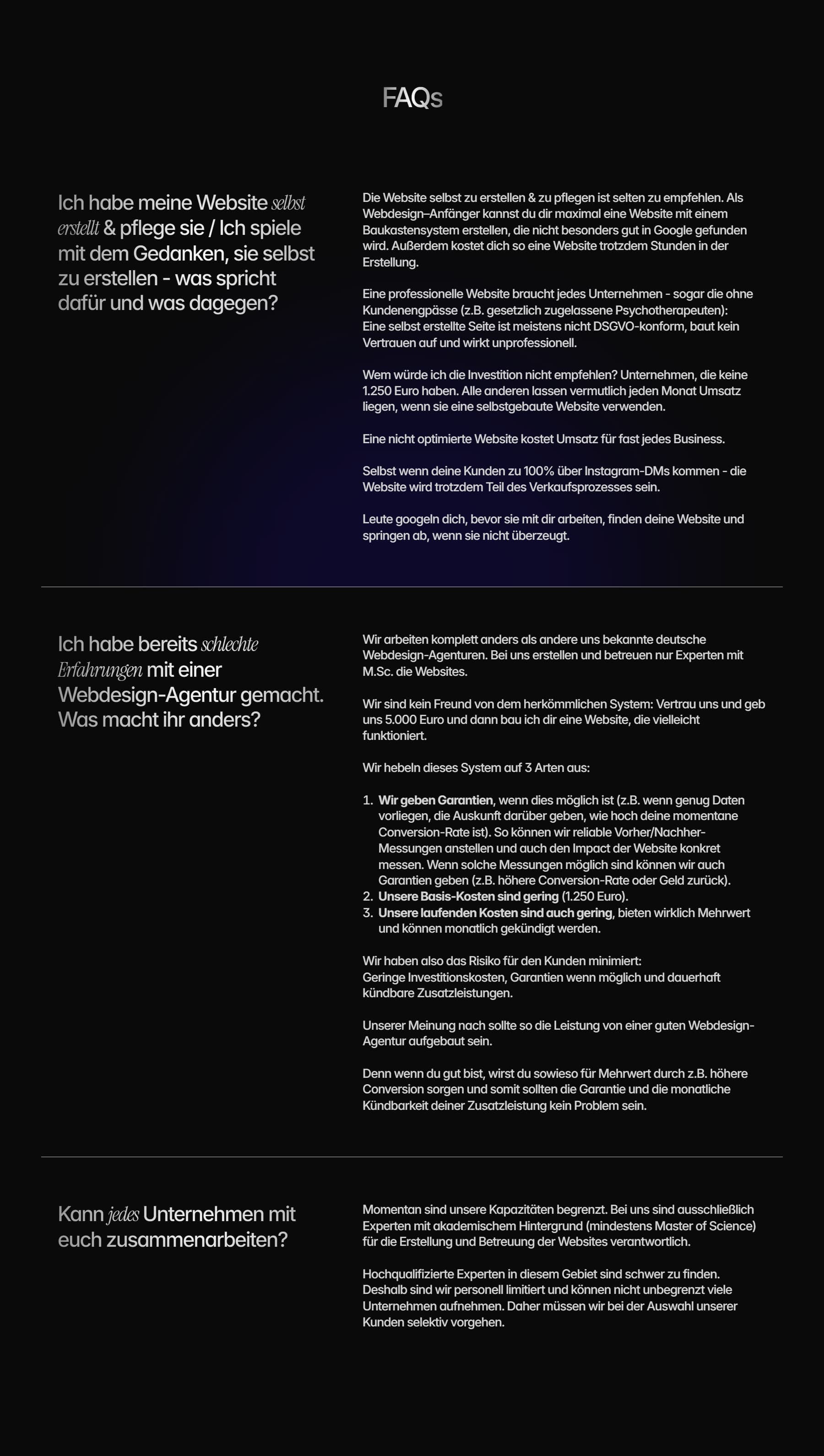 Eine Sektion einer website in der FAQs zu sehen sind, es geht um website-erstellung