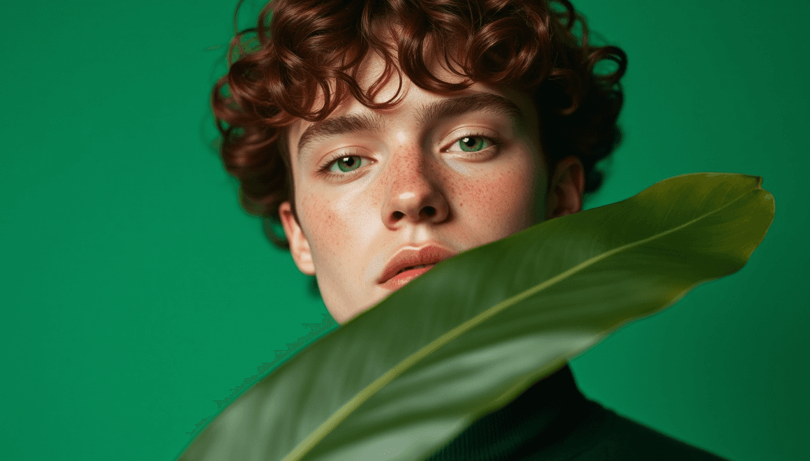 Guy Standing with a Green leave covering his lower face