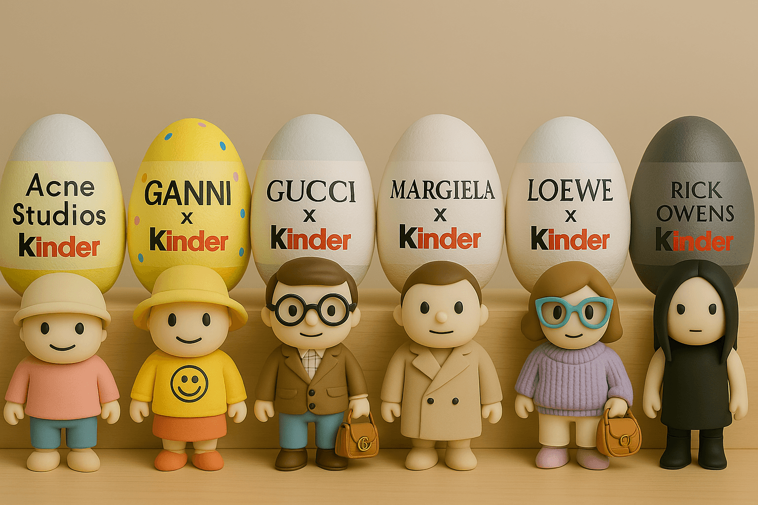 Lineup of six collaborative Kinder Easter eggs featuring fashion houses Acne Studios, Ganni, Gucci, Margiela, Loewe, and Rick Owens—with each egg paired with a custom-designed toy figure styled in the brand’s iconic look.
