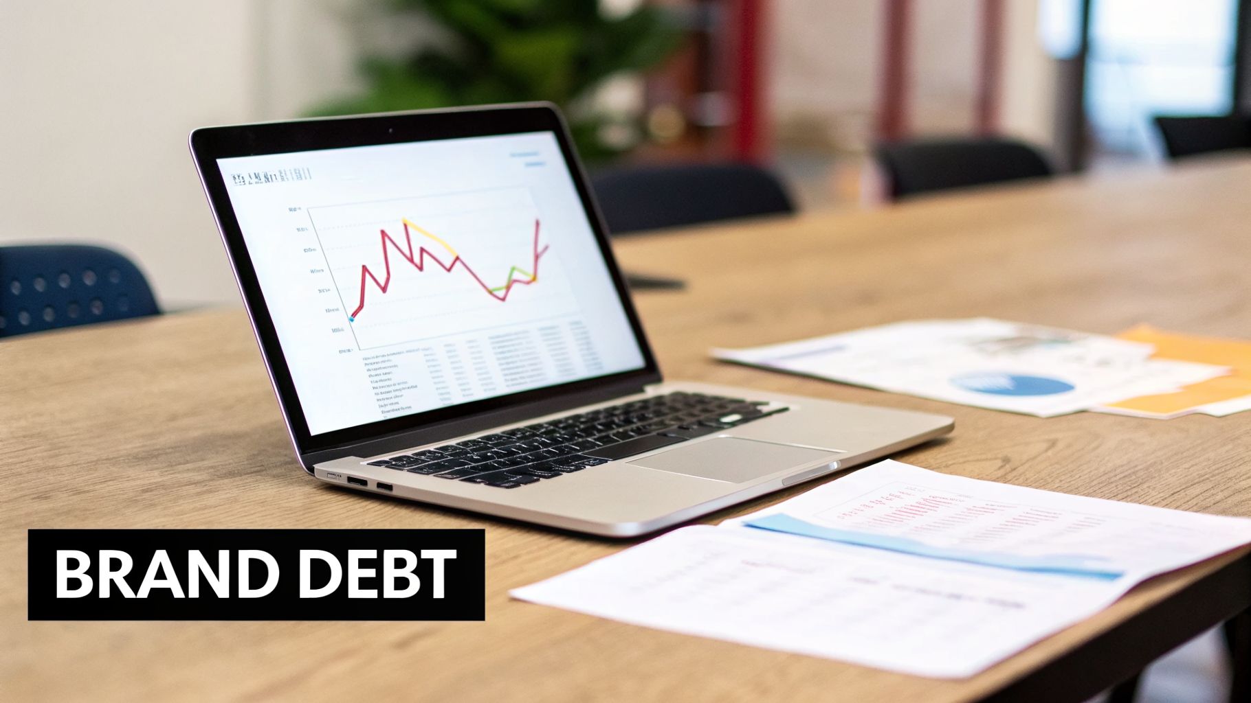 A laptop on a wooden table displays financial data charts, with business documents and a chair.