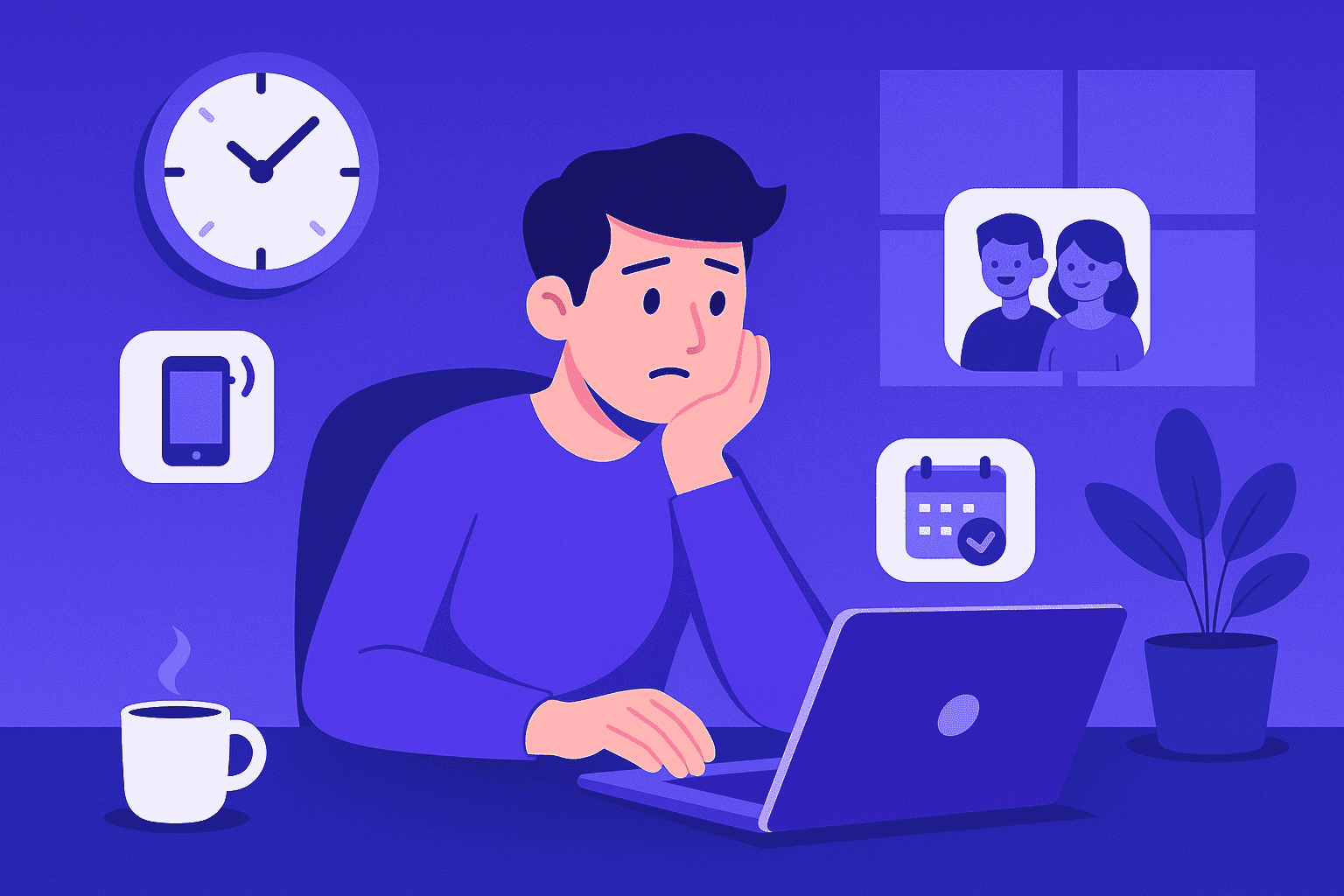 Flat-style illustration of a professional distracted by notifications and devices while working on a laptop, symbolizing digital interruptions and time wasters in the modern workplace.