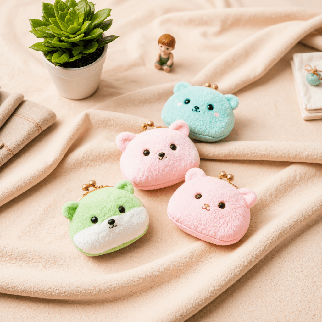 product photography of a set of mini plush coin purses