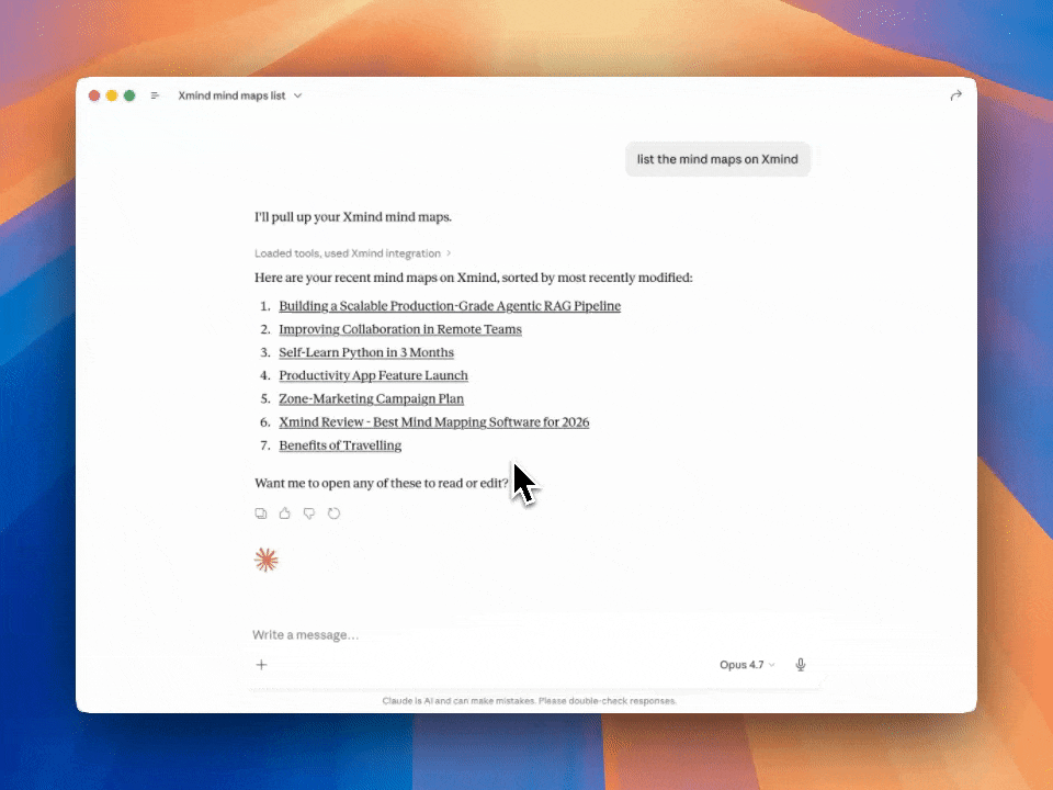 Xmind MCP interface screenshot: List the mind maps with Xmind MCP
