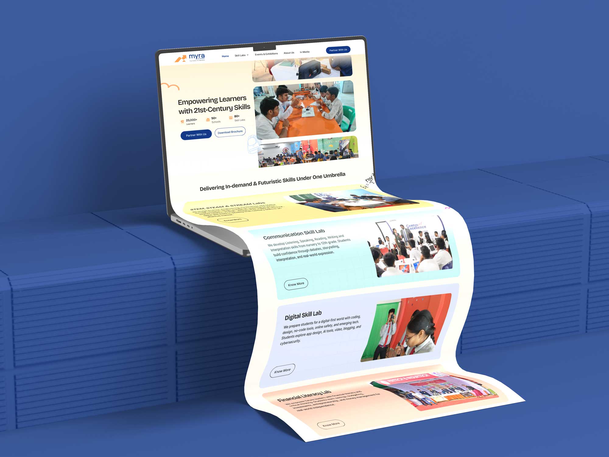 Myra Academy website design mockup showing colorful learning platform homepage