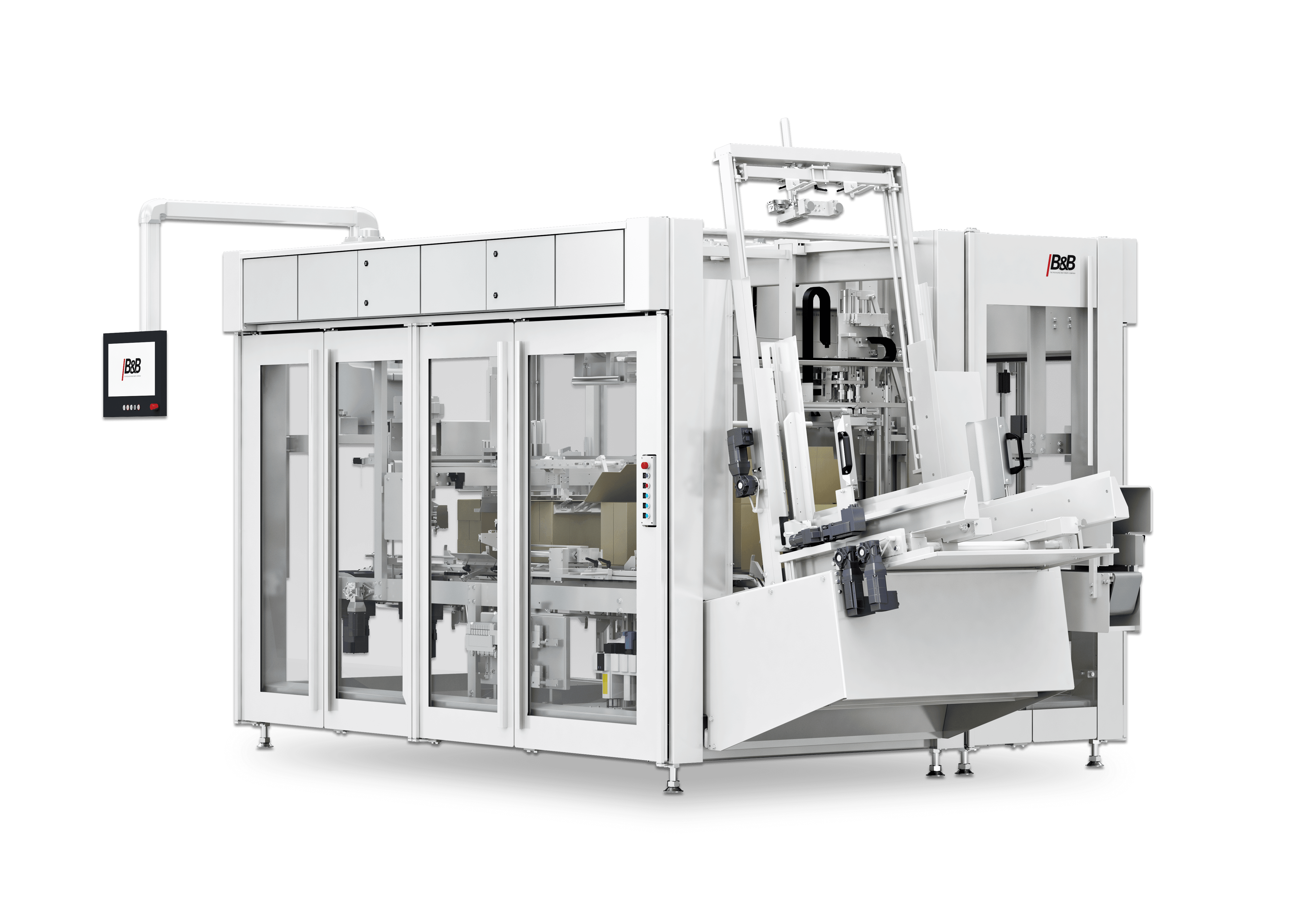 Industrielle Verpackungsmaschine, weiss, Glasfront, Fabrikautomation