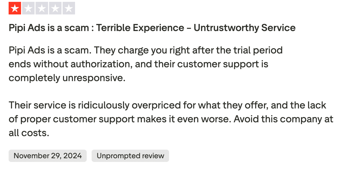 Negative review of Pipi Ads about customer support and billing