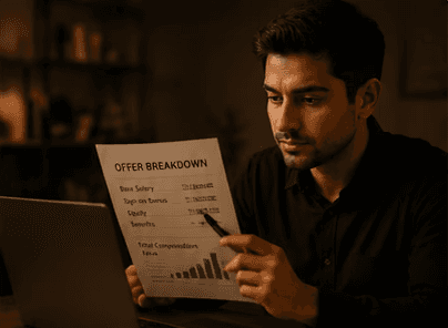 A man in a dark sweater focuses intently on a laptop at a wooden desk, with a notebook and coffee cup beside him. Warm lighting and a calm office atmosphere.
