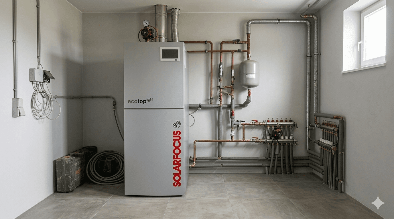 Caldaia a pellet Solarfocus Ecotop Light installata in locale tecnico domestico con collettori e distribuzione impianto