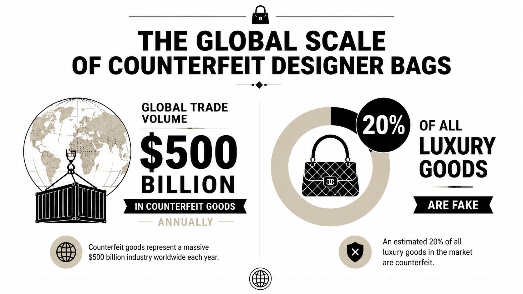 An infographic showing that the global trade volume of counterfeit designer bags is 500 billion dollars annually.