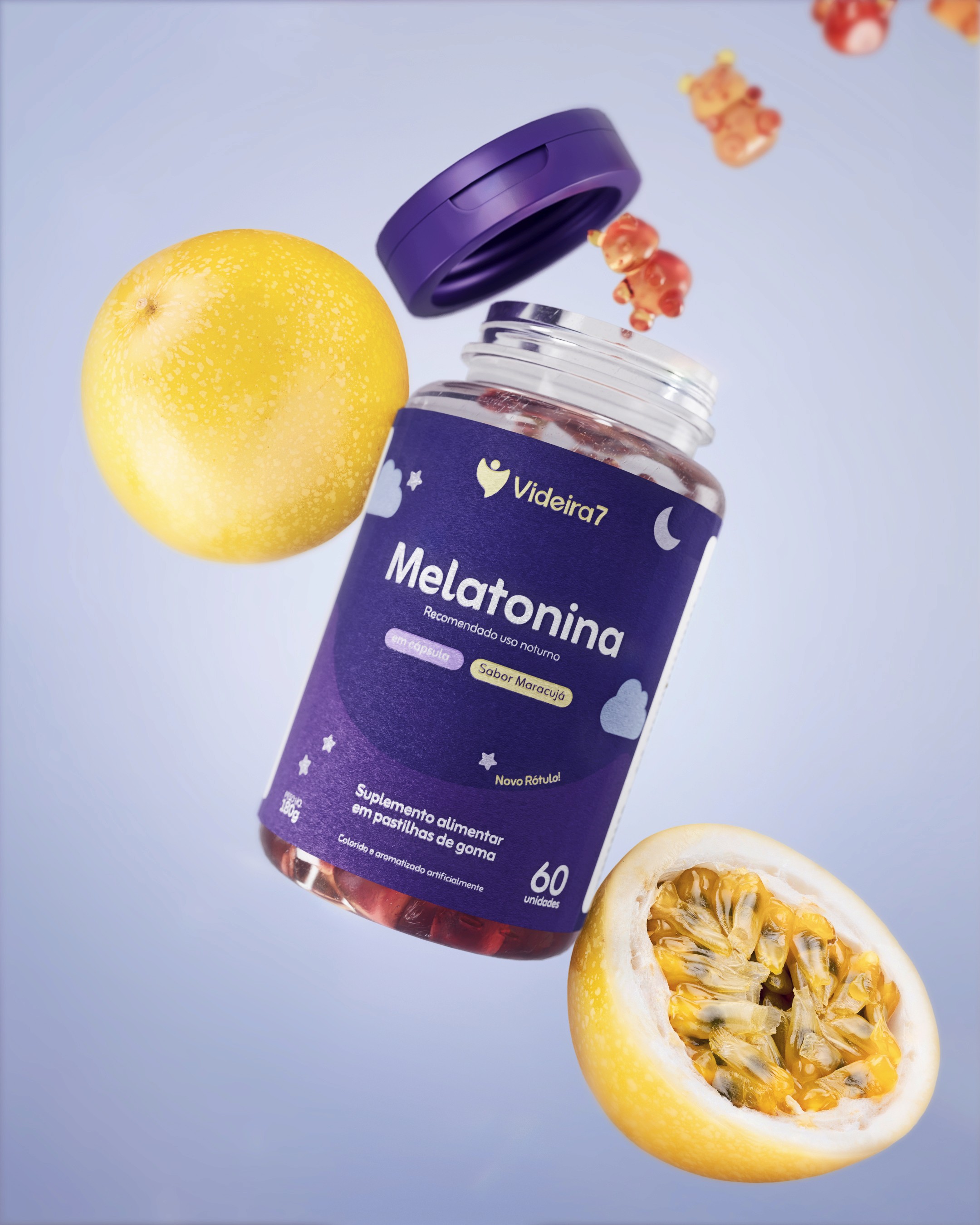 Professional 3D render of Melatonina passion fruit flavor gummies by Videira7, featuring a realistic passion fruit slice and a clean blue background.