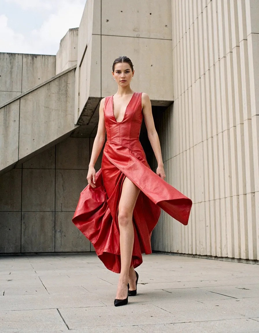 Woman in flowing red dress walking in urban setting with modern concrete architecture background