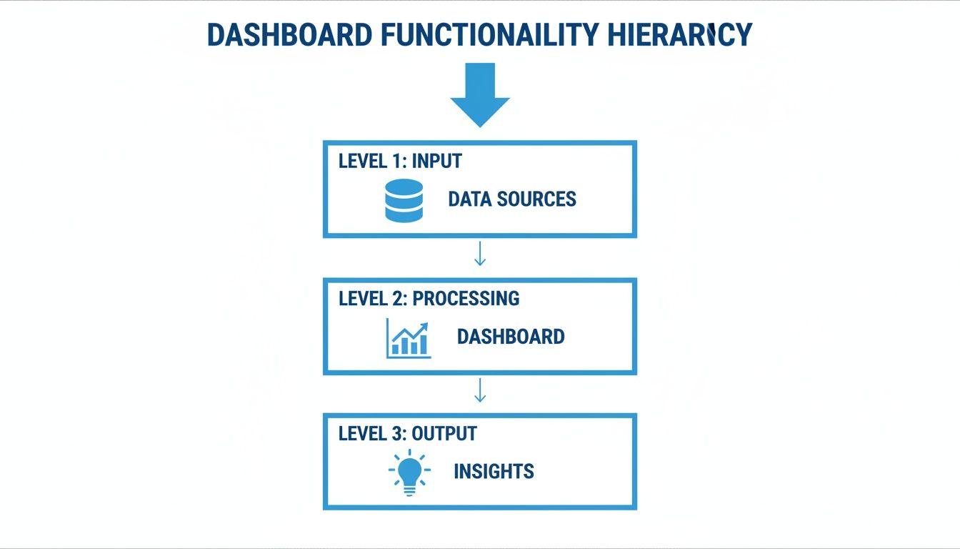 A flowchart illustrates the dashboard functionality hierarchy: input from data sources, processing by the dashboard, yielding insights as output.
